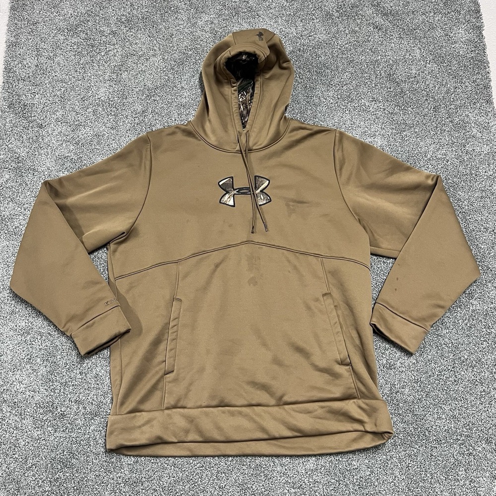 Under Armour Hunt Camo Logo Hoodie Mens XL Brown ColdGear Hunting Pullover